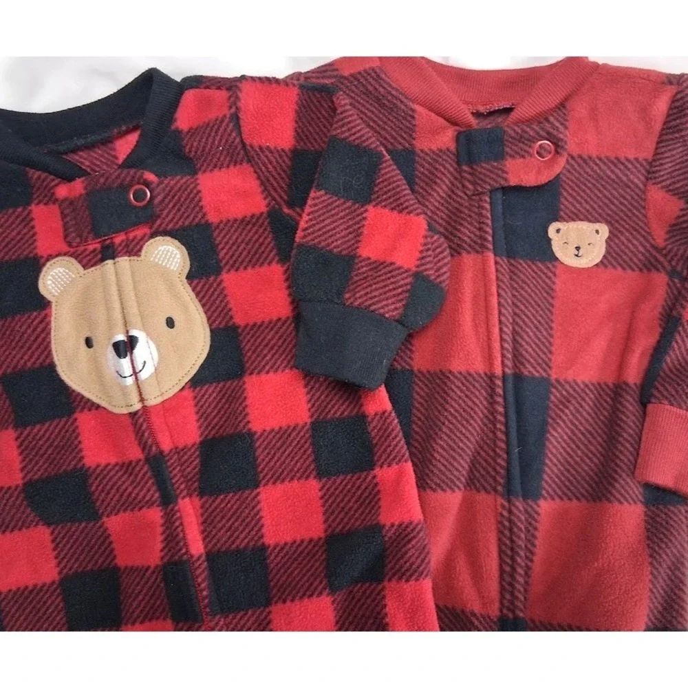 Carter's‎ Fleece Baby Boy Newborn Footed Sleeper Lot 3pc Red Plaid Bear Dinosaur